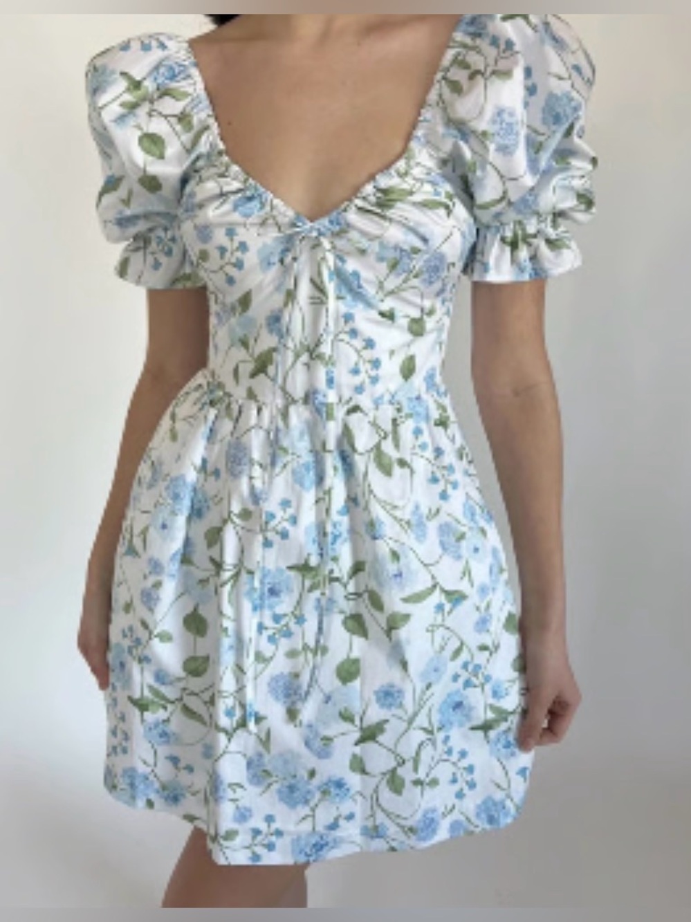 Hill House The Ophelia Mini Dress with Blue Floral & Green Leaf Print NWT